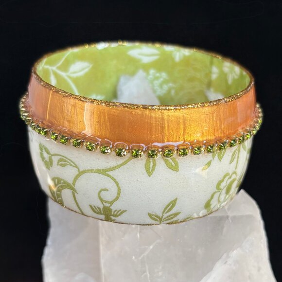 Iris Design Wide Bangle Rhinestones Paper Mache Resin Gold, White & Green - Picture 2 of 3